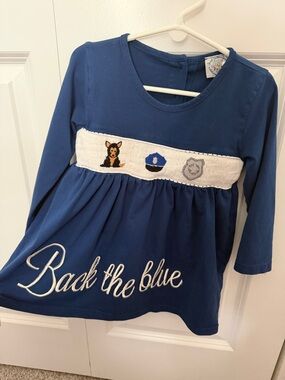 Girls Navy Long-Sleeve Smocked Dress Top -“back the blue” police outfit